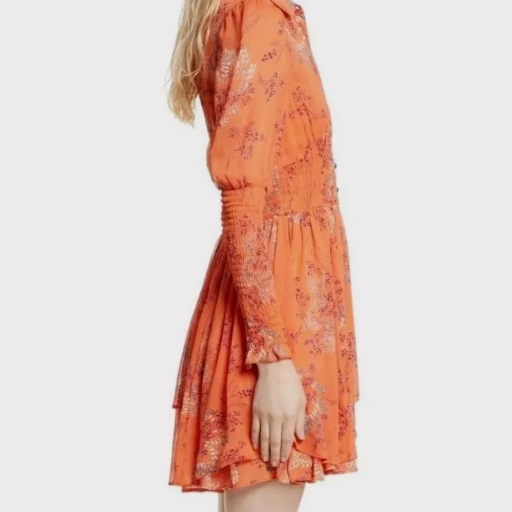 Free People Long Sleeve Smocked Mini Dress Orange XS Boho Festival Romantic